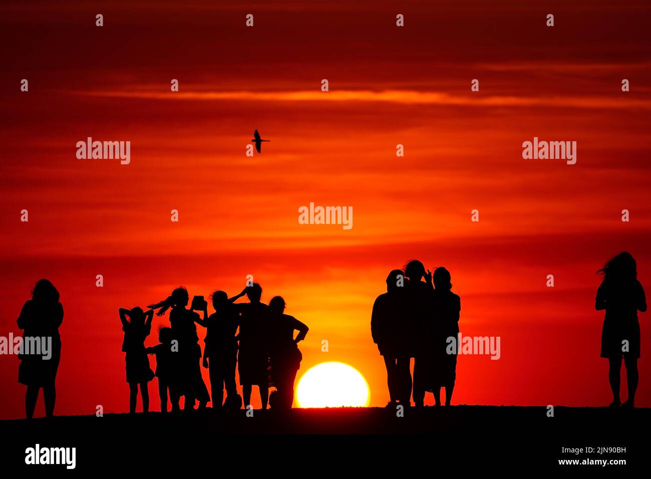 Groups of people watch the sun go down from a hill in Ealing, west London, as a summer of hosepipe bans and fire warnings continues, with a heat health alert coming into place across much of the country. Picture date: Tuesday August 9, 2022. Stock Photo