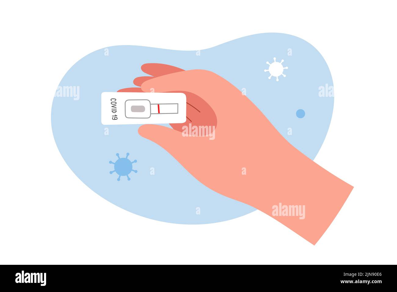 Holding negative covid test result in hand, rapid diagnostic kit showing one line, negative result, patient holds a lateral flow test for coronavirus, Stock Vector