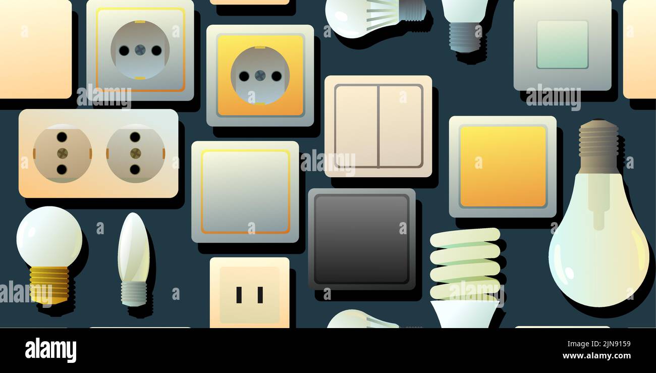 Sockets, switches and light bulbs. Electrical appliances for home network. Spare parts for work of an electrician. Seamless pattern. Vector Stock Vector