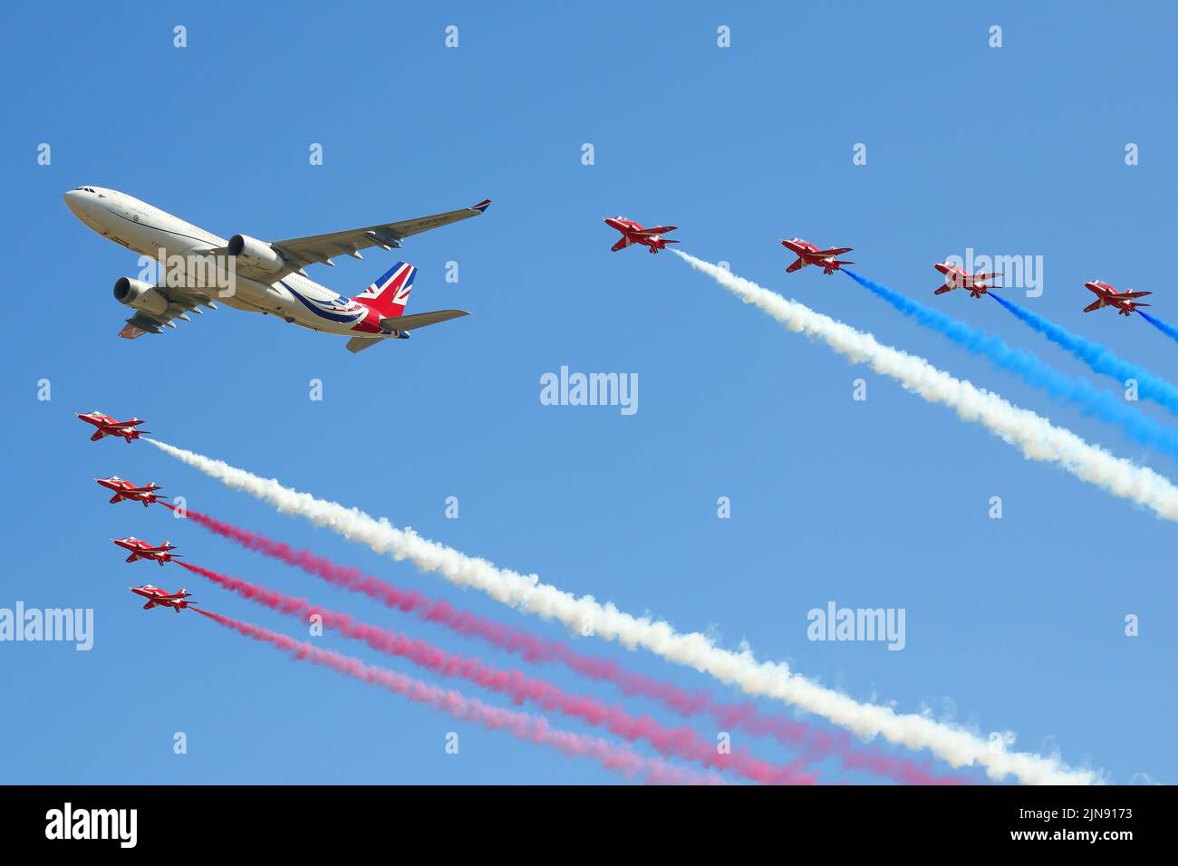 Fairford, UK. 16th July, 2022. Military aircraft from across the globe on display for the RIAT Royal International Air Tattoo. The Red Arrows performed a flypast with the Airbus A330 Voyager government jet. Stock Photo