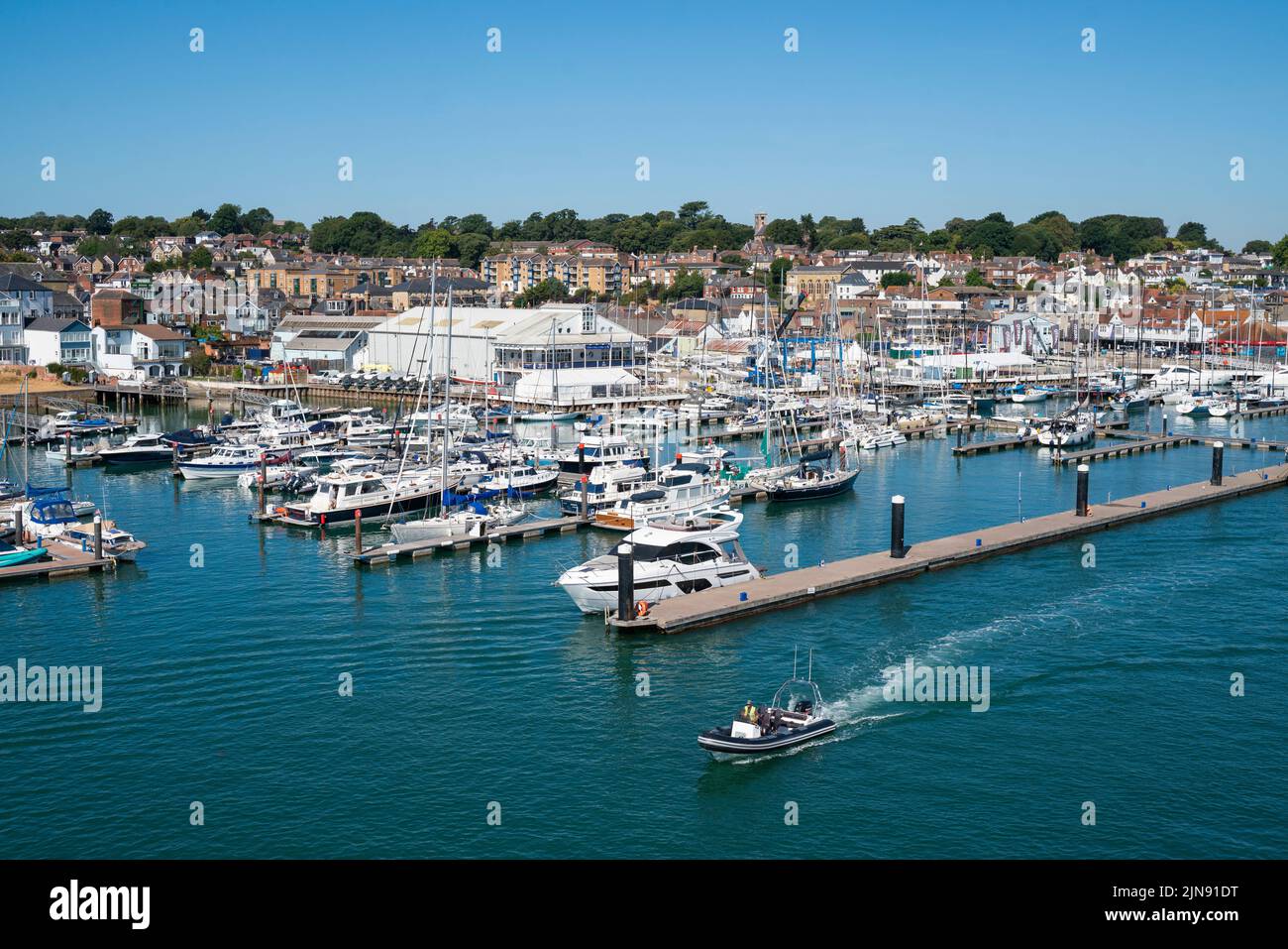 General view of west Cowes, including the marina and yacht haven, on the Isle of Wight on a sunny day. Stock Photo