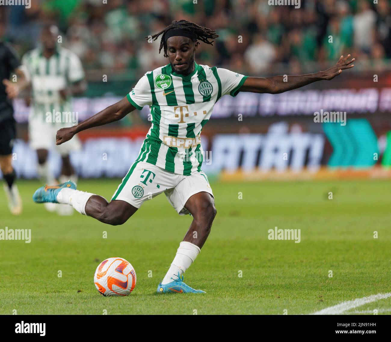 BUDAPEST, HUNGARY - AUGUST 13: (l-r) Tokmac Chol Nguen of Ferencvarosi TC  wins the ball from Arijan Ademi of GNK Dinamo Zagreb during the UEFA  Champions League Third Qualifying Round match between