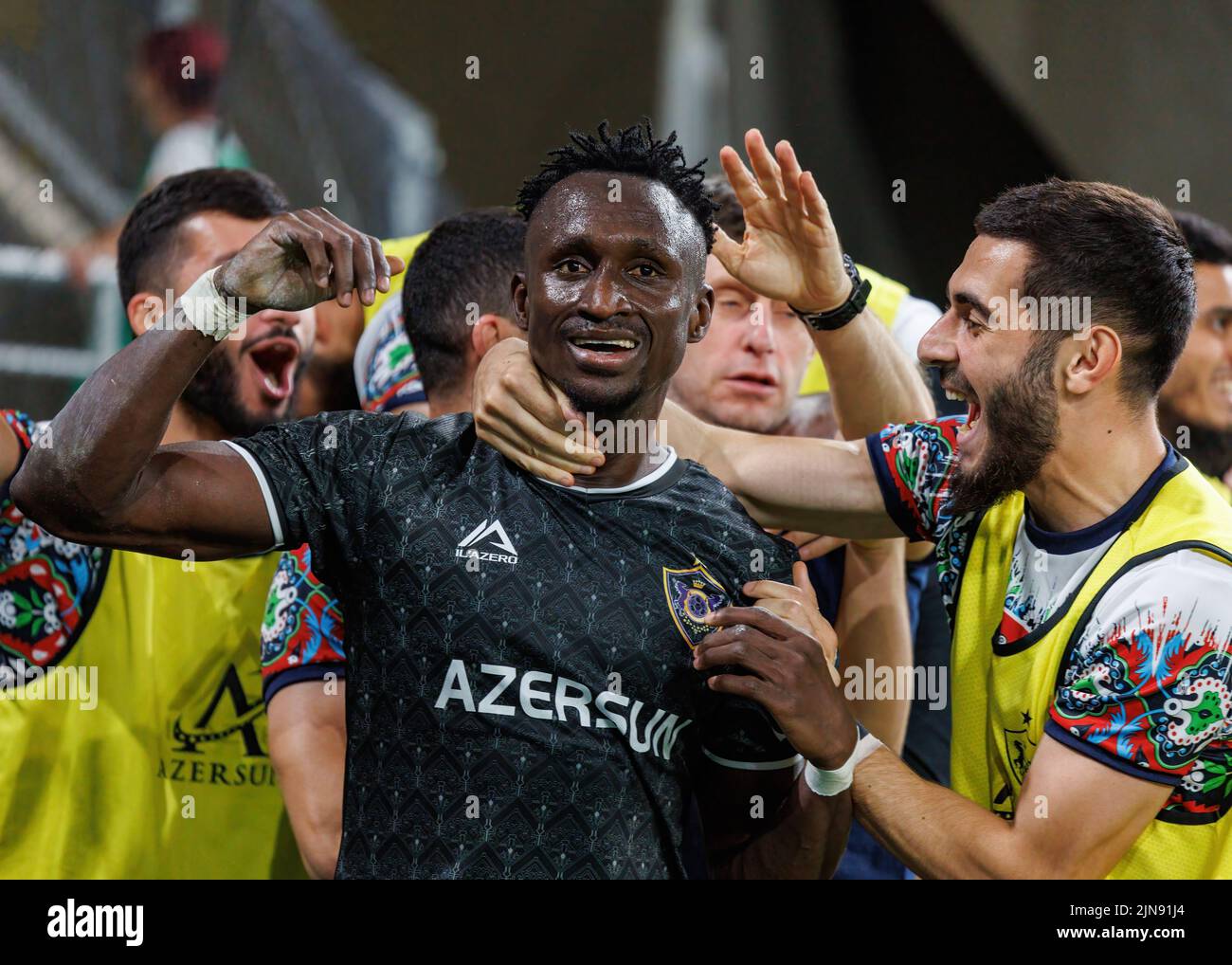 BUDAPEST, HUNGARY - AUGUST 9: Gara Garayev of Qarabag FK fouls Aissa  Laidouni of Ferencvarosi TC during the UEFA Champions League Qualifying  Round match between Ferencvarosi TC and Qarabag FK at Ferencvaros