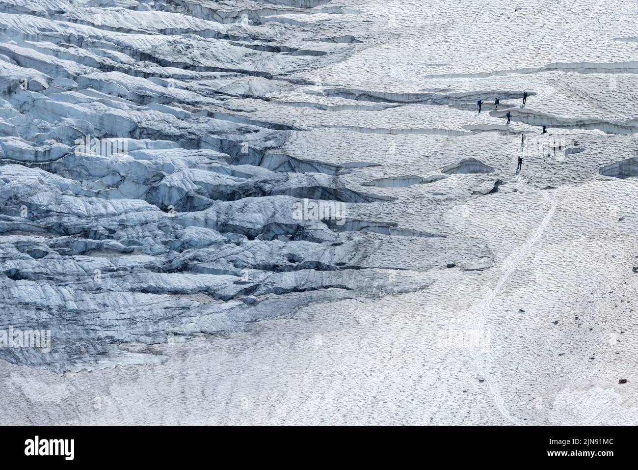 roped team of mountaineers on the ice of Steingletscher in the Bernese Alps Stock Photo