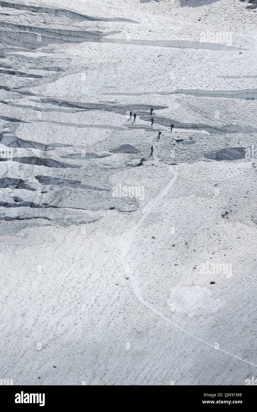 roped team of mountaineers on the ice of Steingletscher in the Bernese Alps Stock Photo