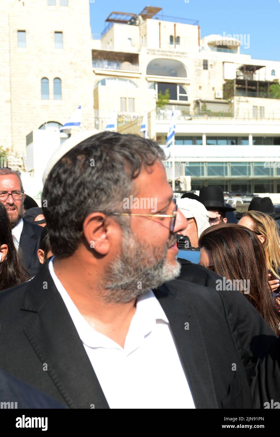 Itamar Ben Gvir, Israeli right wing leader of Otzma Yehudit party, on his way to the Temple Mount during Tisha B'Av prayers in Jerusalem, Israel. Stock Photo