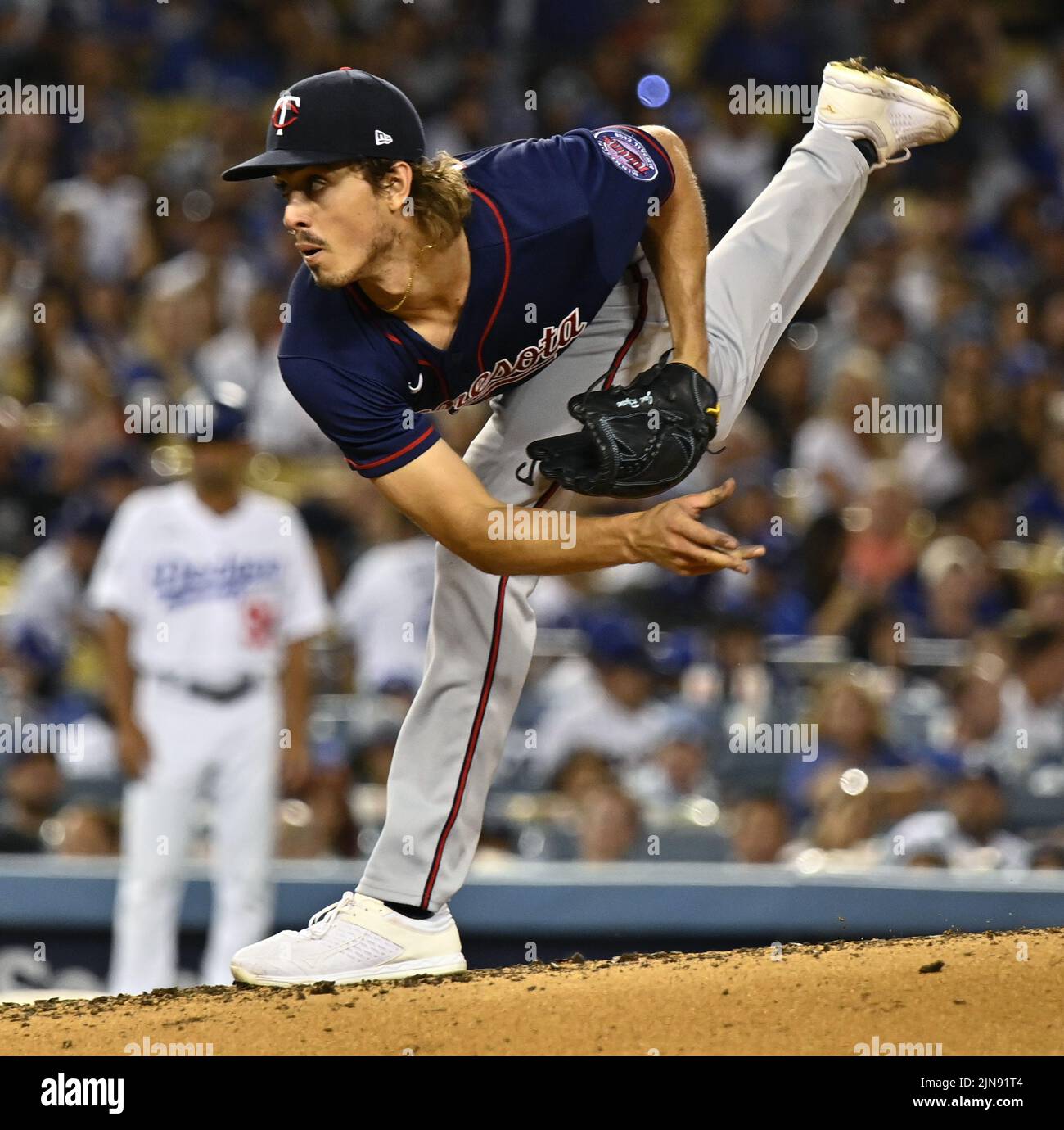 Los Angeles, United States. 10th Aug, 2022. Minnesota Twins starting pitcher Joe Ryan delivers against the Los Angeles Dodgers during the third inning at Dodger Stadium on Tuesday, August 9, 2022. The Dodgers defeated the Twins 10-3 for their ninth consecutive win. Photo by Jim Ruymen/UPI Credit: UPI/Alamy Live News Stock Photo