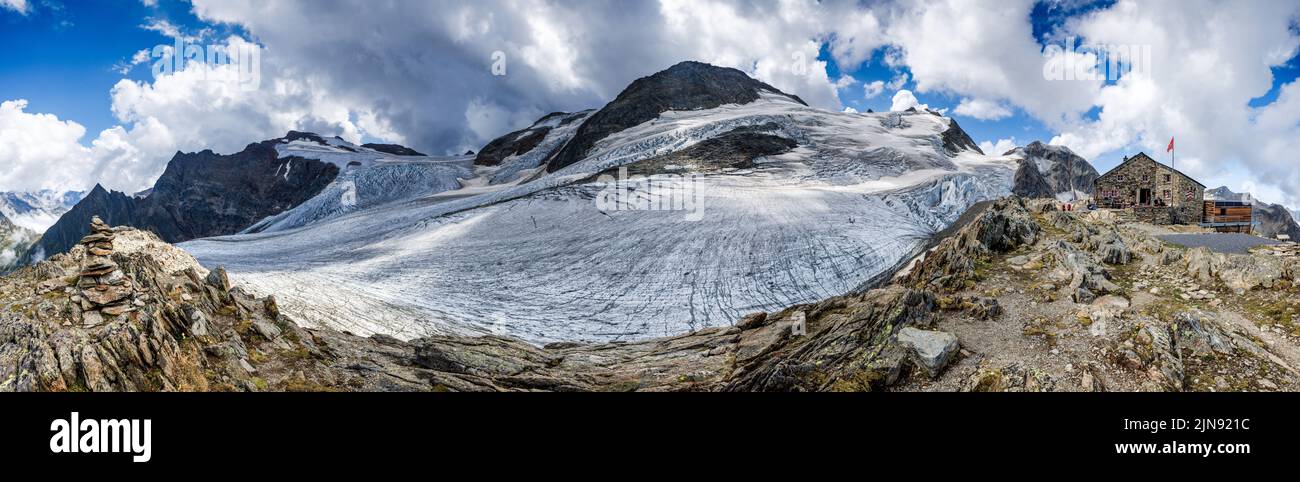 panorama of Tierberglihütte SAC and the glacier Steingletscher in the Swiss Alps Stock Photo