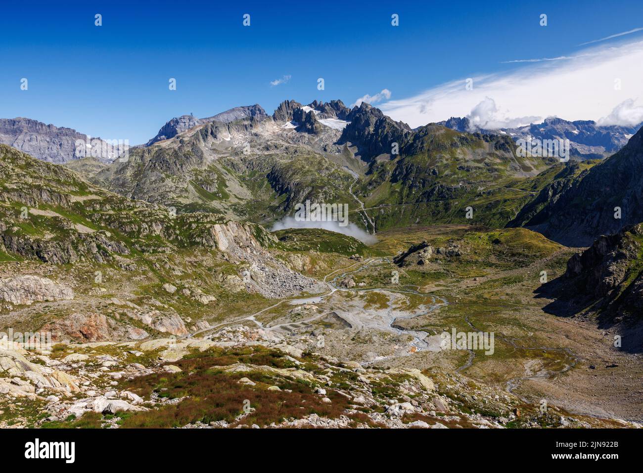 view over Sustenpass in the Bernese Alps with Titlis and Stock Photo