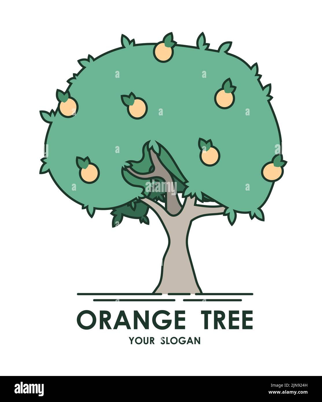 Orange tree emblem with citrus fruits. Title, brand name of natural