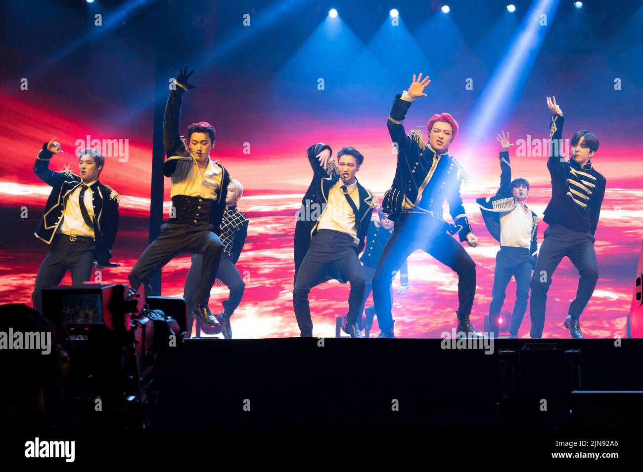 Performance by ATEEZ, a Kpop boy group, performing at  LA Forum during the THE FELLOWSHIP : BEGINNING OF THE END Tour dazzles fans at Forum. Stock Photo