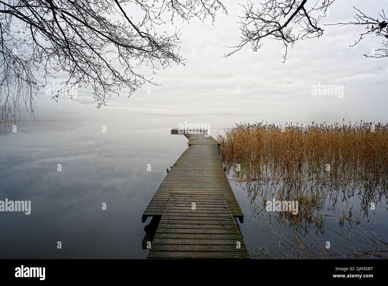 Misty morning with empty landscape and wooden pier Stock Photo - Alamy