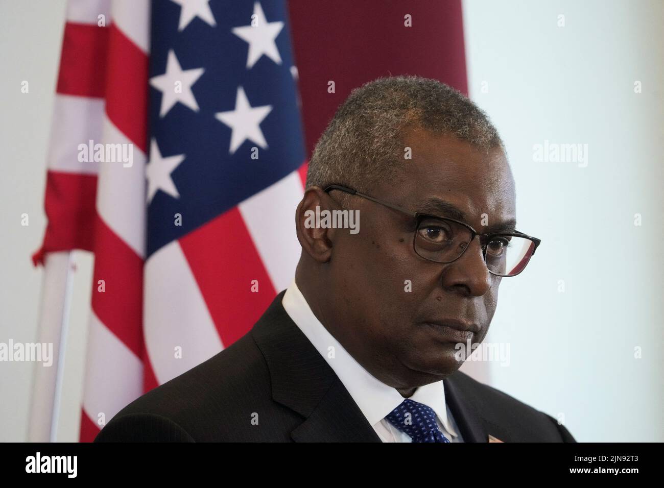 U.S. Defense Secretary Lloyd Austin attends a news conference with Latvian Defense Minister Artis Pabriks in Riga, Latvia August 10, 2022. REUTERS/Ints Kalnins Stock Photo