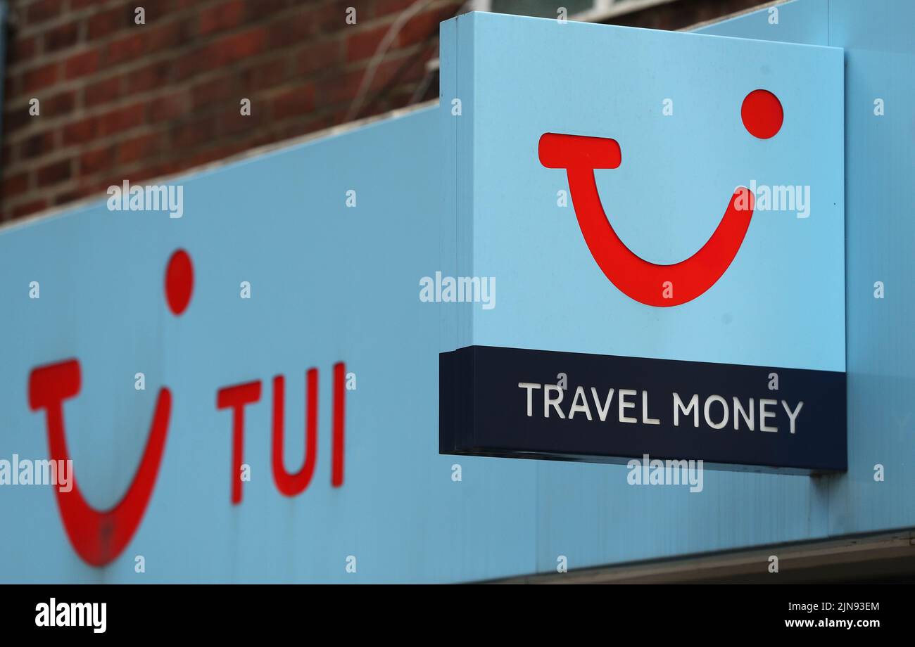 File photo dated 7/5/2021 of a sign for a Tui store in Eastleigh, Hampshire. Holiday group Tui has revealed a 75 million euro (£63 million) hit from the recent travel chaos that crippled airports and led to flight cancellations and lengthy delays. The firm said its customers were affected by about 200 cancelled flights in May and June, in particular due to woes at Manchester Airport amid staff shortages. Issue date: Wednesday August 10, 2022. Stock Photo