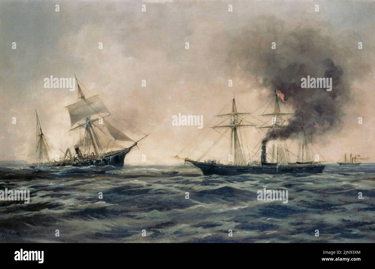 This 1922 artwork depicts the sinking of the Confederate ship CSS Alabama after her fight with the USS Kearsarge (seen right). Alabama was the scourge Stock Photo