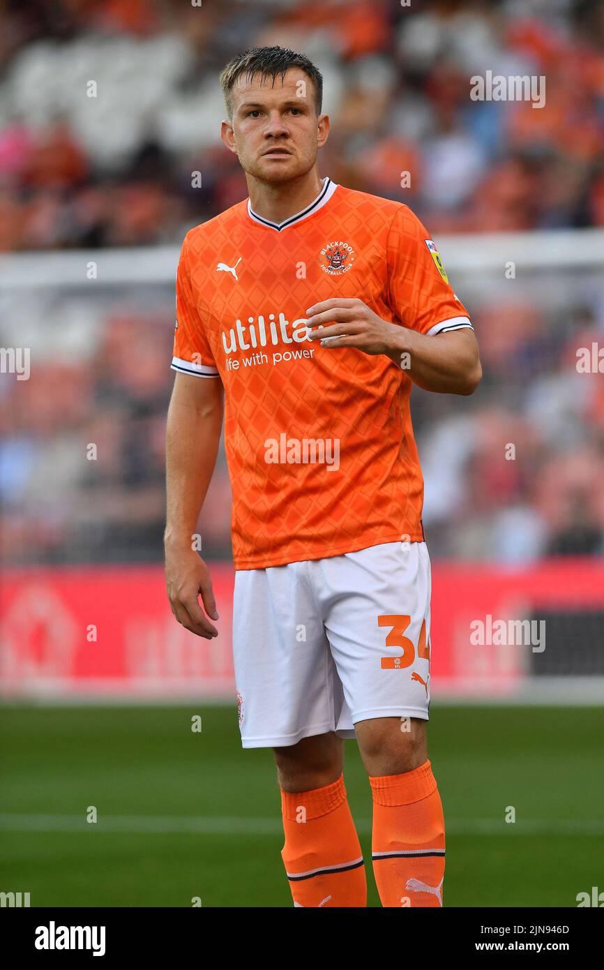 during the Carabao Cup match between Blackpool and Barrow at Bloomfield Road, Blackpool on Tuesday 9th August 2022. (Credit: Eddie Garvey | MI News)stock action picture of Jordan Thorniley of Blackpool Football Club during the Carabao Cup match between Blackpool and Barrow at Bloomfield Road, Blackpool on Tuesday 9th August 2022. (Credit: Eddie Garvey | MI News) Credit: MI News & Sport /Alamy Live News Stock Photo