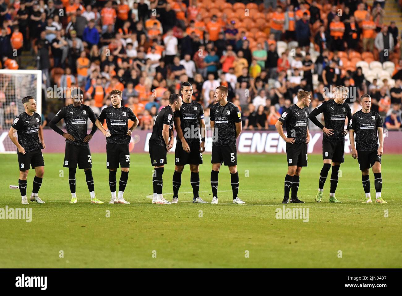 during the Carabao Cup match between Blackpool and Barrow at Bloomfield Road, Blackpool on Tuesday 9th August 2022. (Credit: Eddie Garvey | MI News)Barrow players watch the penalty action during the Carabao Cup match between Blackpool and Barrow at Bloomfield Road, Blackpool on Tuesday 9th August 2022. (Credit: Eddie Garvey | MI News) Credit: MI News & Sport /Alamy Live News Stock Photo