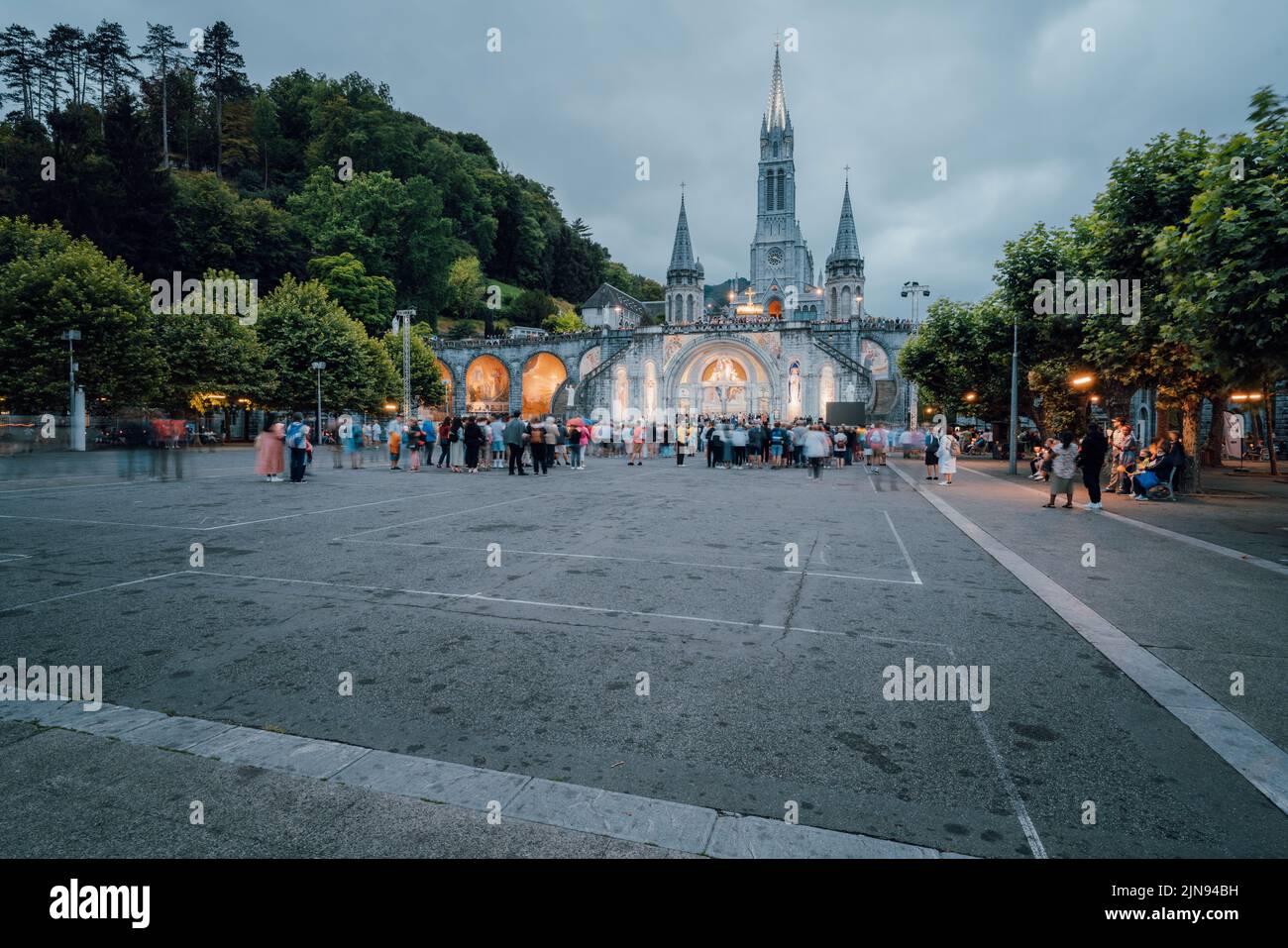 Landscapes of the Basilica of Our Lady in Lourdes at night, France ...