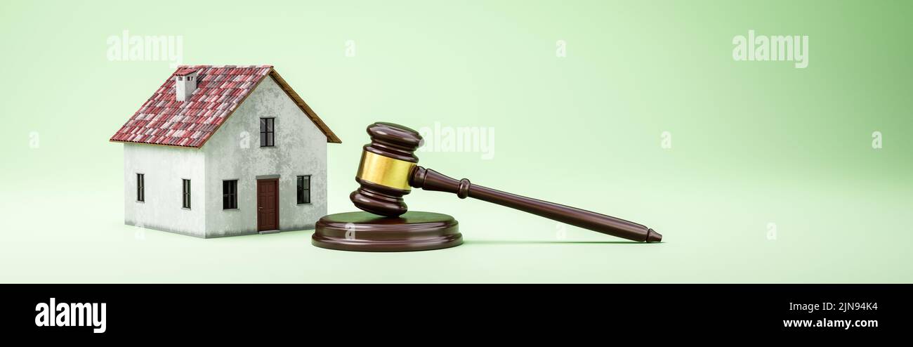 Judge's Gavel and House on Green Background Stock Photo