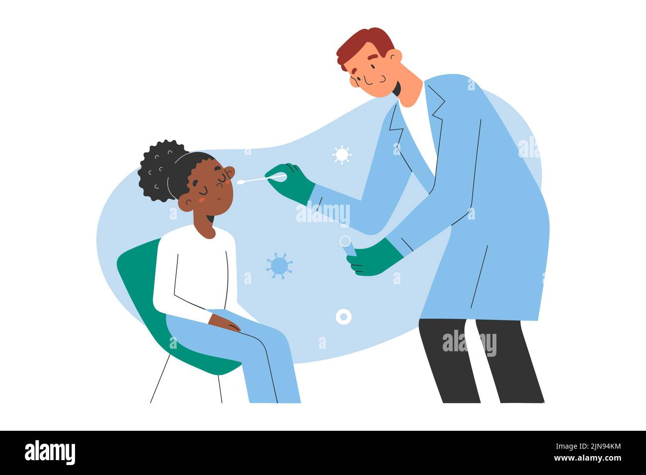 Testing a child for covid, friendly medical doctor taking a cotton swab sample for coronavirus from a little African-American girl, vector Stock Vector