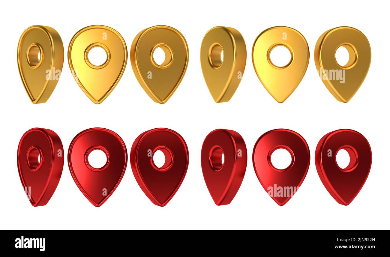 Set of location symbols isolated on white background. Red and gold map pointer pin. 3D rendering. Stock Photo