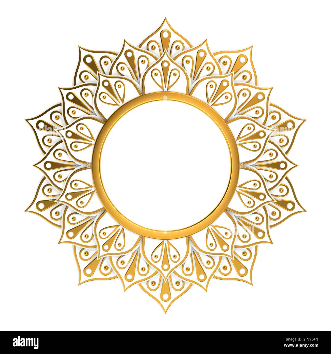 3d render white and gold abstract frame. Golden mandala isolated on white. Stock Photo