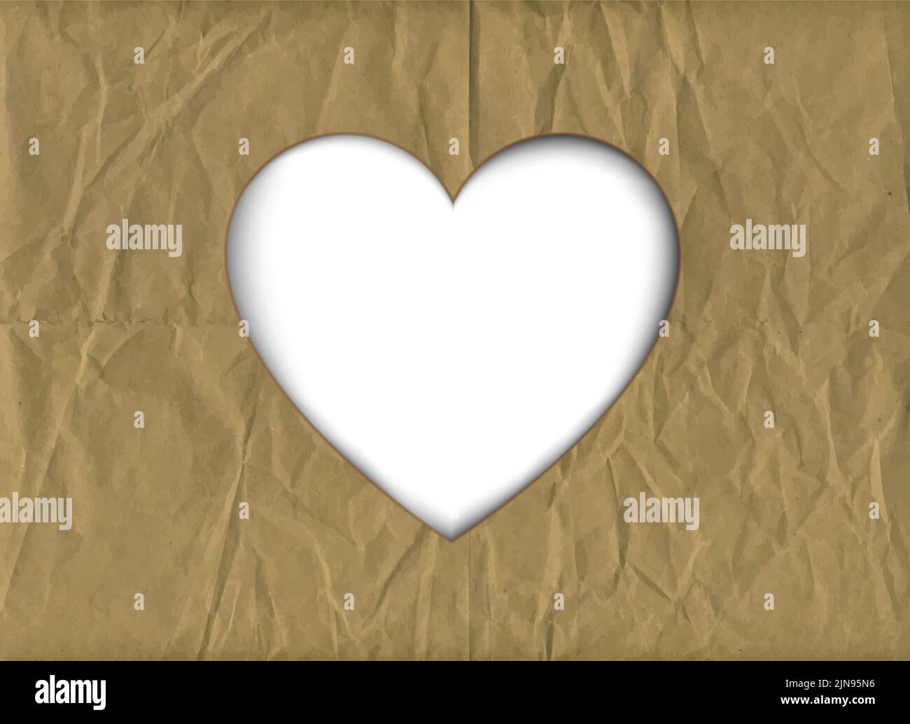 Crumpled brown paper background with heart shaped cutout and space for text. EPS10 vector format. Stock Vector