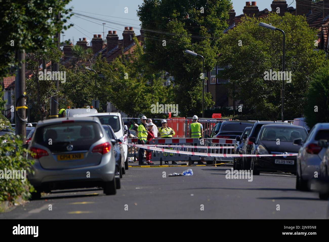 The scene in Galpin's Road in Thornton Heath, south London, where a child, named locally as Sahara Salman, died when a terraced home collapsed following an explosion and fire on Monday. Picture date: Wednesday August 10, 2022. Stock Photo