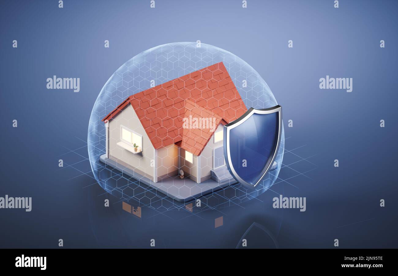 Residential house with shield, 3d rendering. Computer digital drawing ...