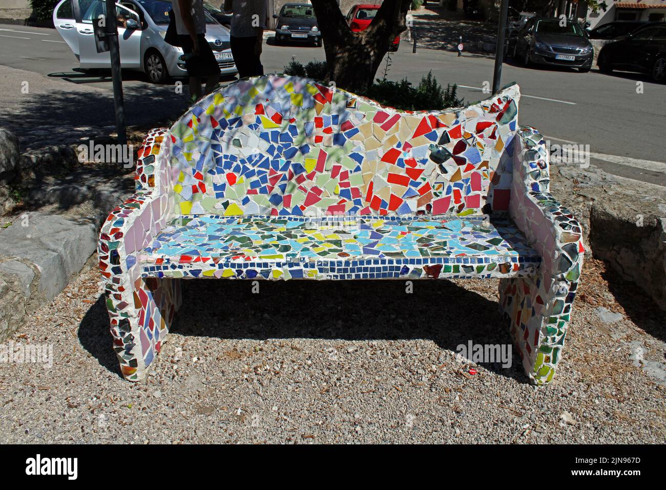 Famous landmarks, colorful mosaic bench in Moscenice by the end of summer, views, Adriatic coast, Croatia Stock Photo