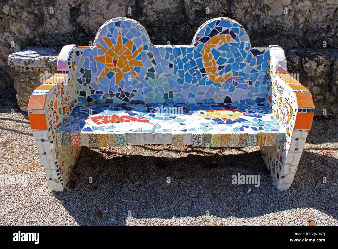 Famous landmarks, colorful mosaic bench in Moscenice by the end of summer, views, Adriatic coast, Croatia Stock Photo