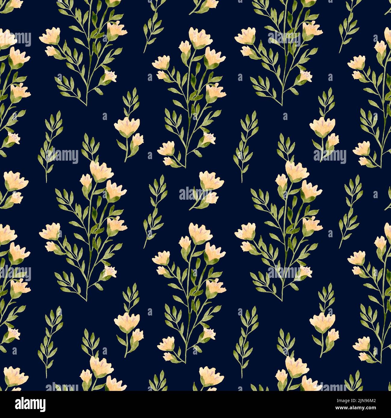 Watercolor floral seamless pattern. Yellow flowers on a dark blue ...