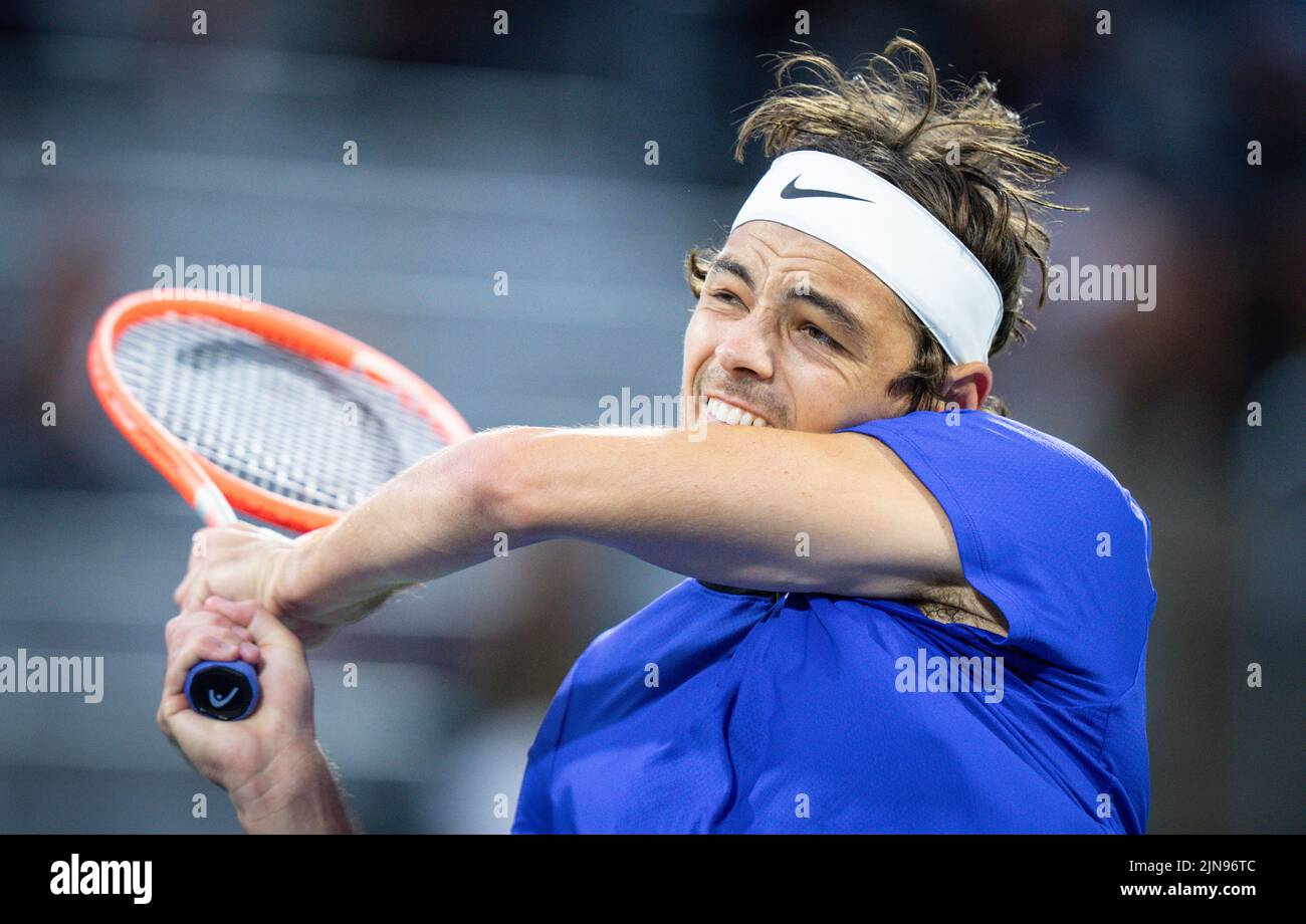 Taylor Fritz of the U.S. hits a shot during his match against Andy Murray of England at the National Bank Open at Stade IGA on August 8, 2022 in Montreal, Canada. Montreal, Quebec, Canada August 8, 2022. Credit: Mathieu Belanger/AFLO/Alamy Live News Stock Photo