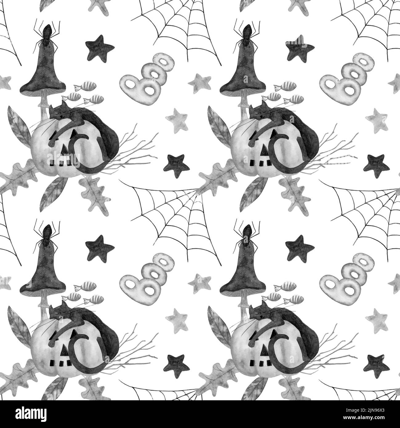 Halloween watercolor pattern with a sleeping cat on a pumpkin in the leaves and branches of trees, toadstool mushrooms and stars. Childrens pattern Stock Photo