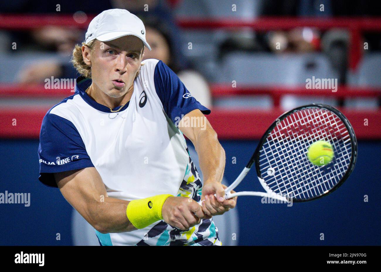 Emil Ruusuvuori of Finland hits a shot during his match against Hubert Hurkacz of Poland at the National Bank Open at Stade IGA on August 8, 2022 in Montreal, Canada. Montreal, Quebec, Canada August 8, 2022. (Photo by Mathieu Belanger/AFLO) Stock Photo