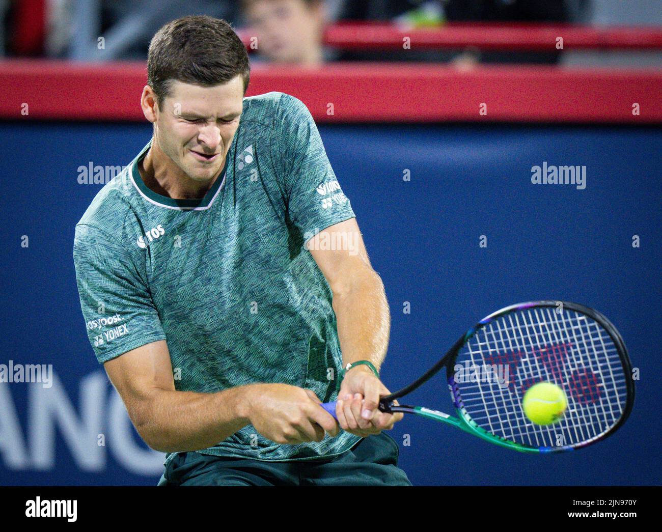 Hubert Hurkacz of Poland hits a shot during his match against Emil Ruusuvuori of Finland at the National Bank Open at Stade IGA on August 8, 2022 in Montreal, Canada. Montreal, Quebec, Canada August 8, 2022. (Photo by Mathieu Belanger/AFLO) Stock Photo