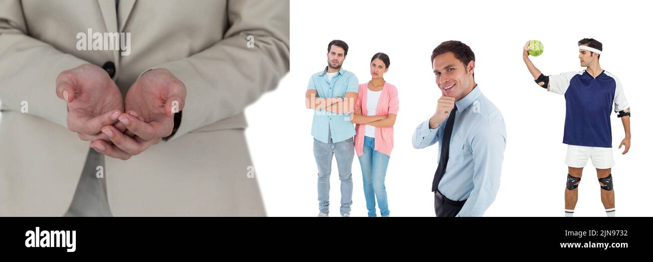 Multiple people of different professions against copy space on white ...