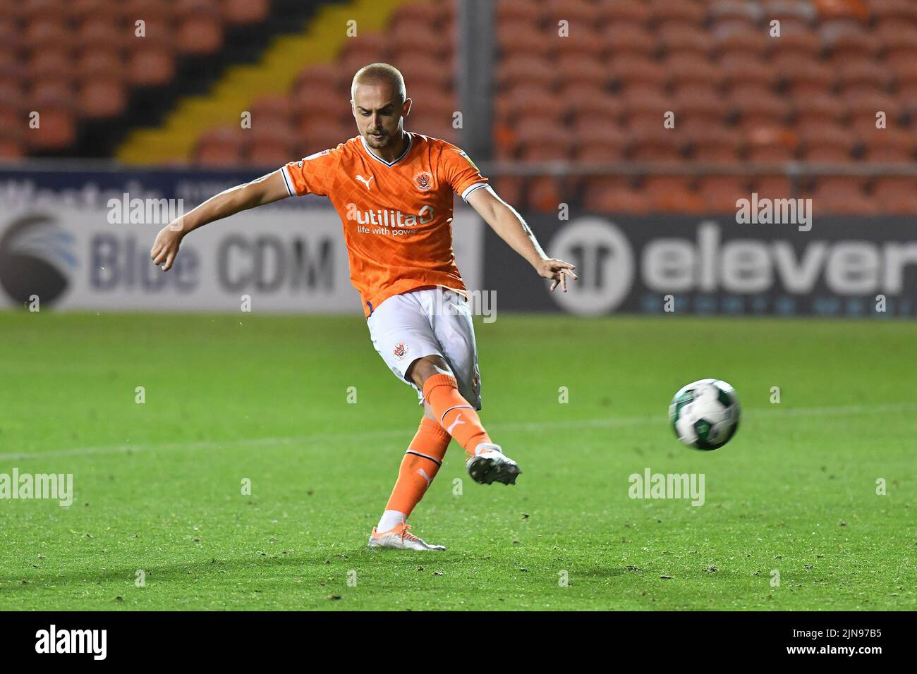 Lewis Fiorini of Blackpool Football Club misses his penalty during the Carabao Cup match between Blackpool and Barrow at Bloomfield Road, Blackpool on Tuesday 9th August 2022. (Credit: Eddie Garvey | MI News) Credit: MI News & Sport /Alamy Live News Stock Photo