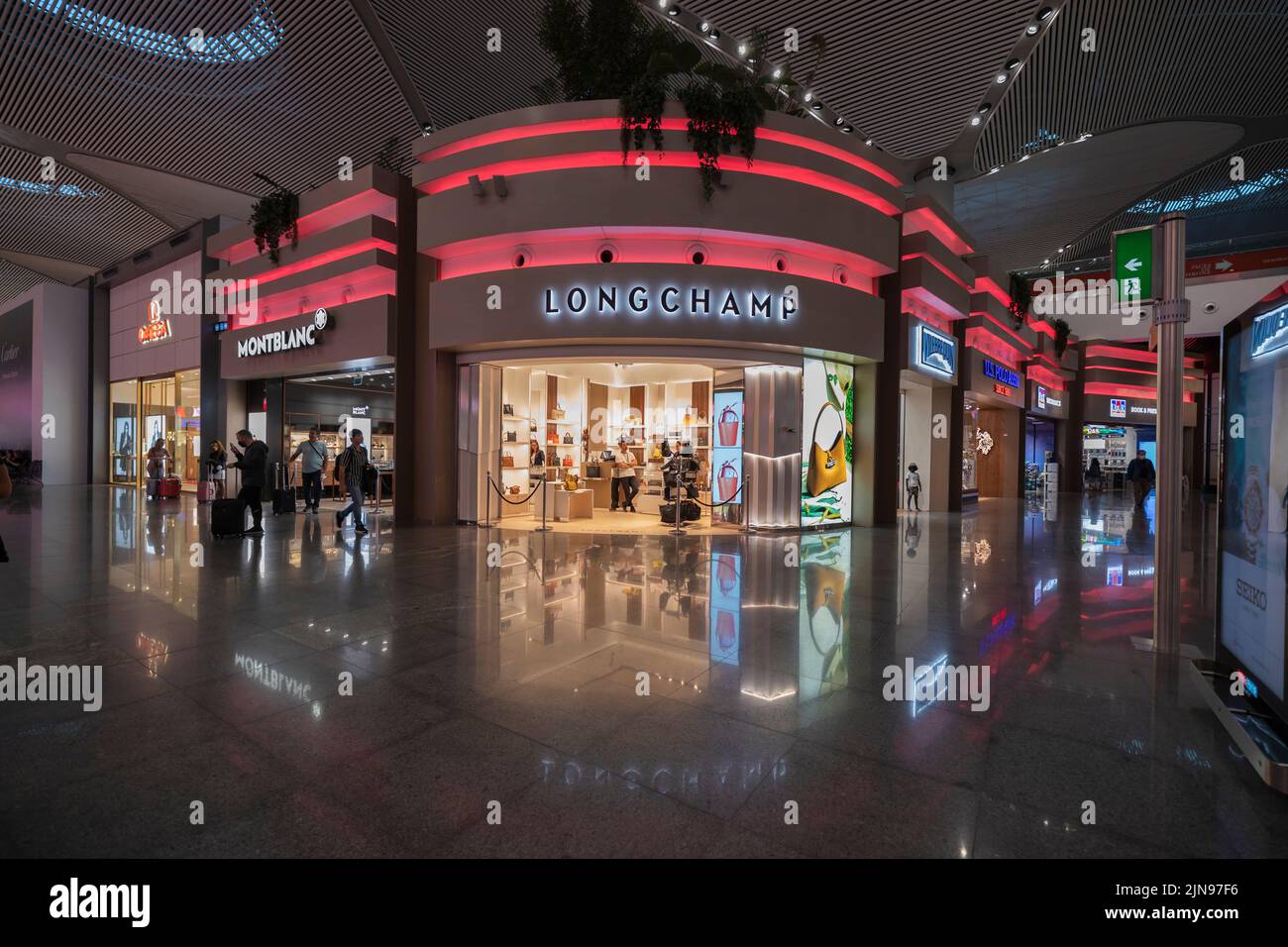 An inside shot of a modern Istanbul Airport with gorgeous architecture and great shopping opportunities Stock Photo