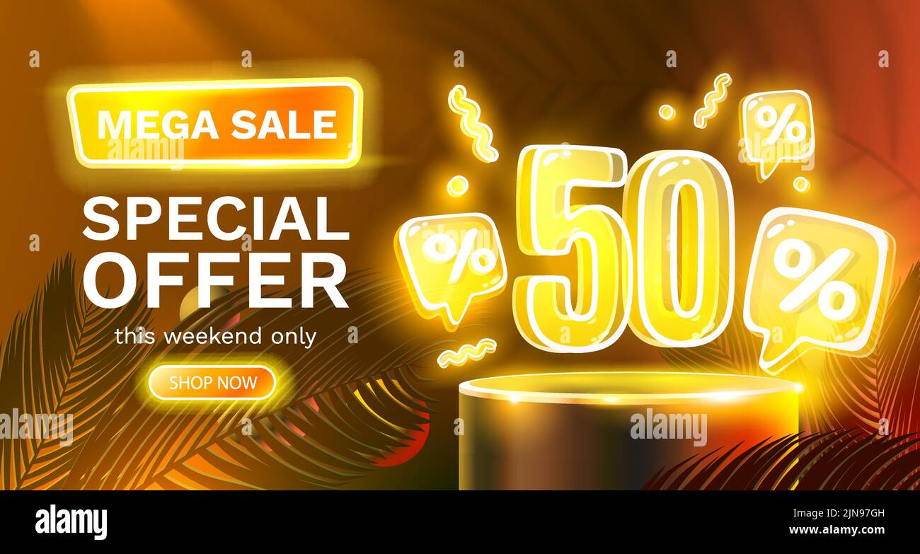 Mega sale special offer, Neon 50 off sale banner. Sign board promotion ...