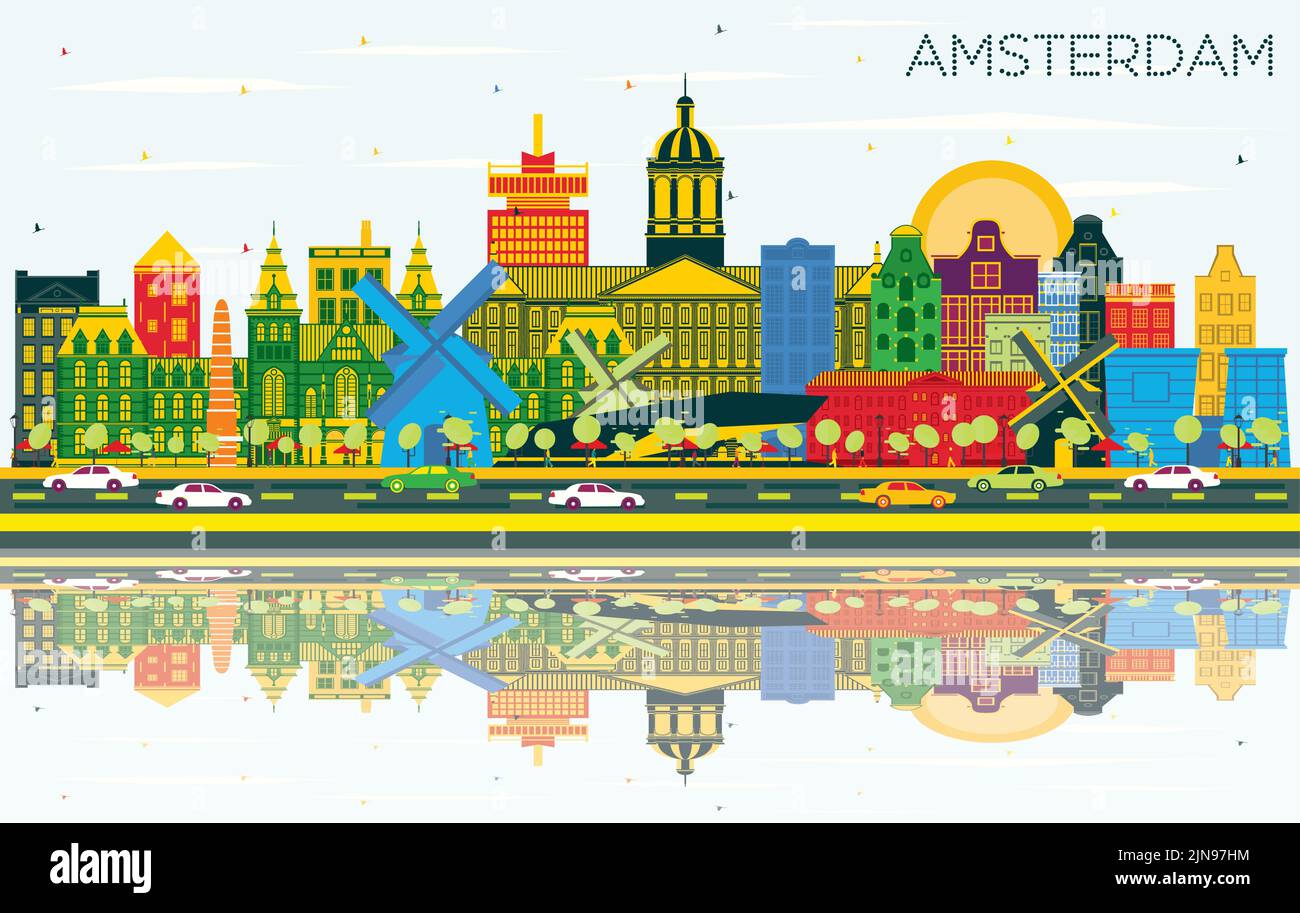 Amsterdam Holland City Skyline with Color Buildings, Blue Sky and Reflections. Vector Illustration. Tourism Concept with Historic Architecture. Stock Vector