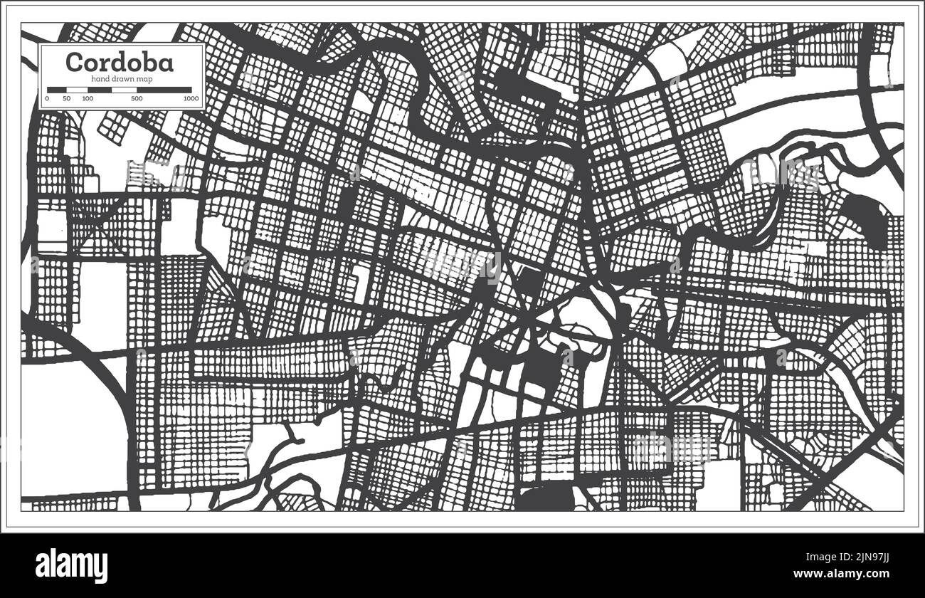 Cordoba Argentina City Map in Black and White Color in Retro Style Isolated on White. Outline Map. Vector Illustration. Stock Vector