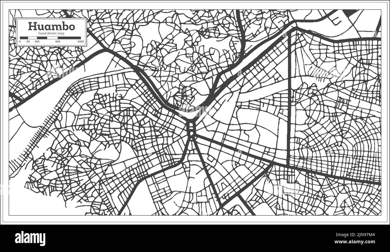 Huambo Angola City Map in Black and White Color in Retro Style Isolated on White. Outline Map. Vector Illustration. Stock Vector