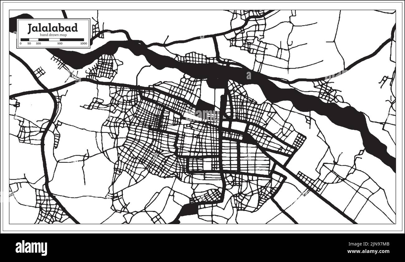 Jalalabad Afghanistan City Map in Black and White Color in Retro Style. Outline Map. Vector Illustration. Stock Vector