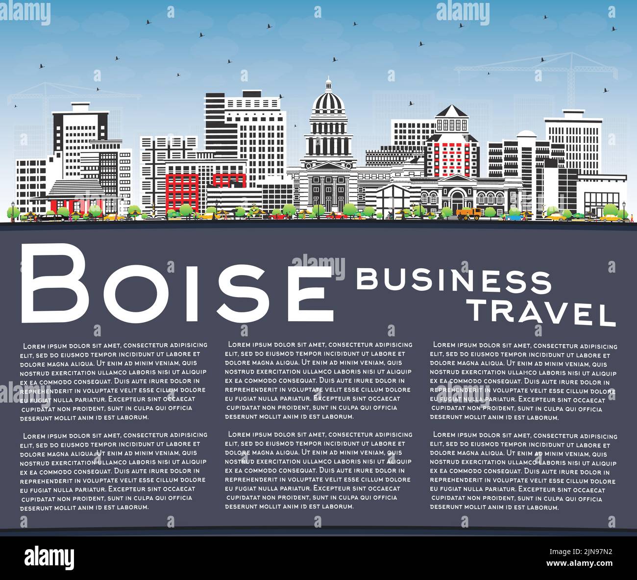 Boise Idaho City Skyline with Color Buildings, Blue Sky and Copy Space. Vector Illustration. Boise USA Cityscape with Landmarks. Stock Vector