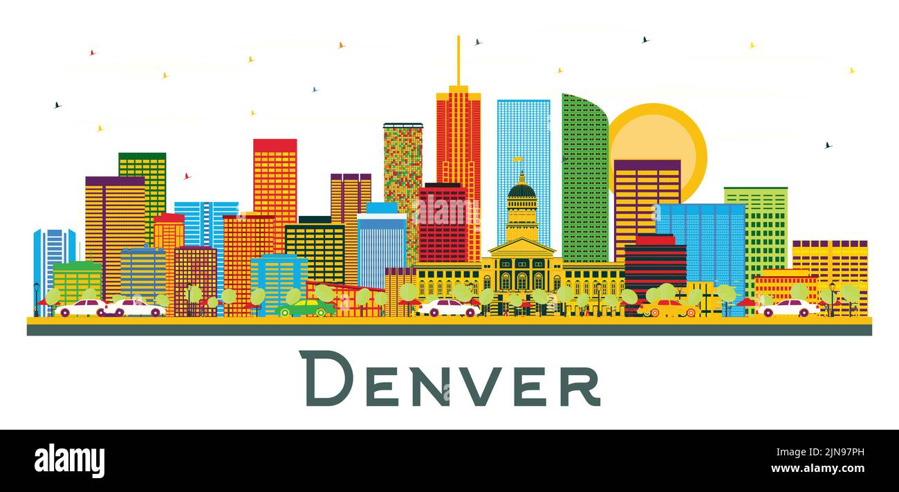 Denver Colorado USA City Skyline with Color Buildings and Blue Sky