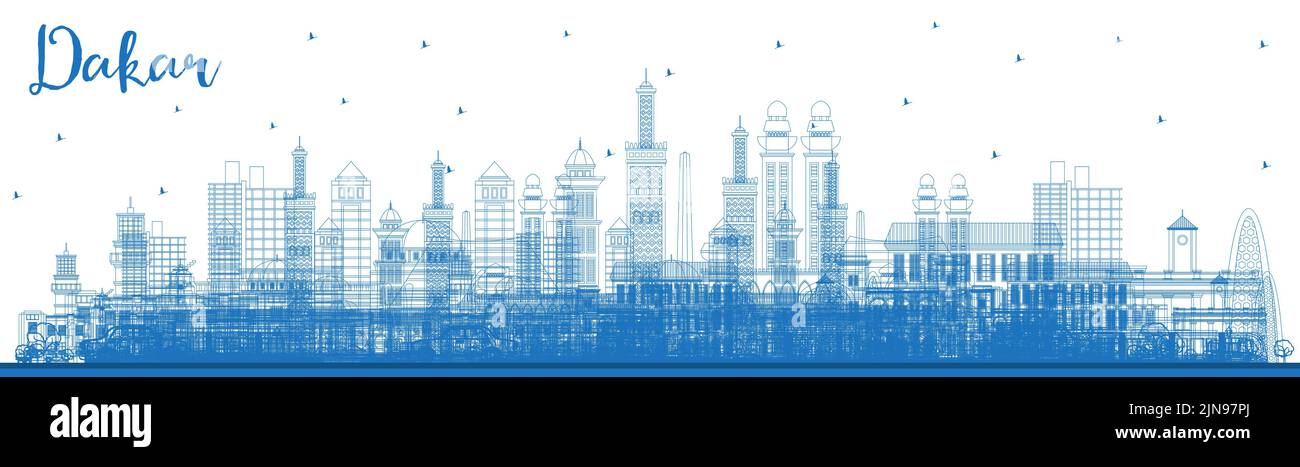Outline Dakar Senegal City Skyline with Blue Buildings. Vector Illustration. Business Travel and Concept with Historic Architecture. Stock Vector