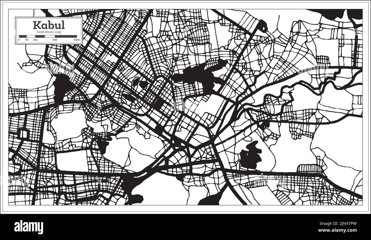 Kabul Afghanistan City Map in Black and White Color in Retro Style. Outline Map. Vector Illustration. Stock Vector