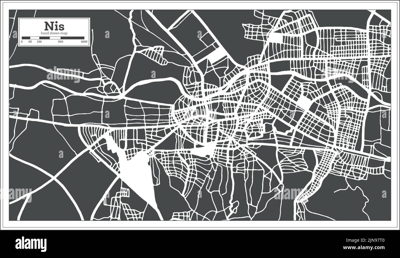 Nis Serbia City Map in Black and White Color in Retro Style. Outline Map. Vector Illustration. Stock Vector