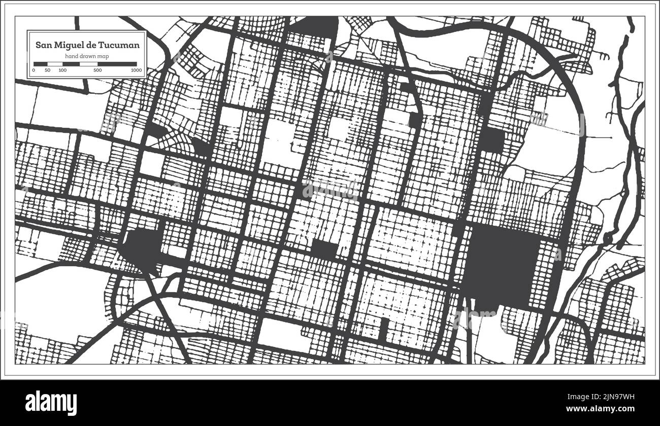 San Miguel de Tucuman Argentina City Map in Black and White Color in Retro Style Isolated on White. Outline Map. Vector Illustration. Stock Vector